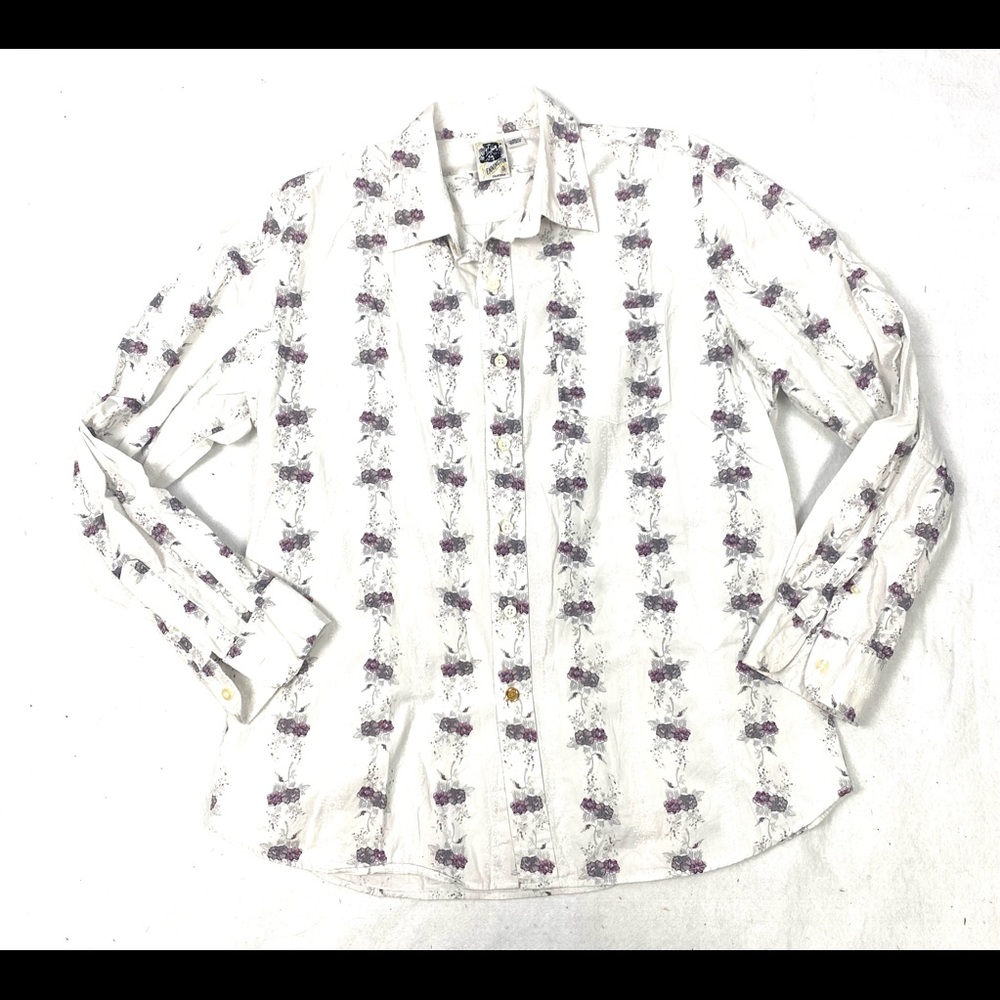 Kennington Long Sleeve Casual Button Shirt Men's Sz L White Embroidered Floral
